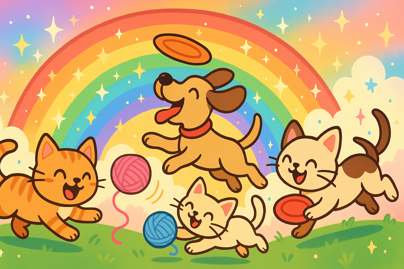 cartoon style pets, cats and dogs playing whimsical